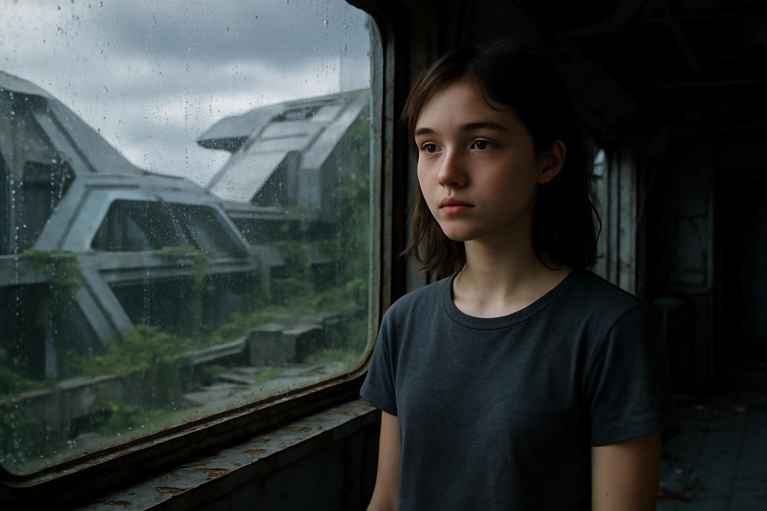 A teenage girl gazes through a rain-streaked window in a decaying building.