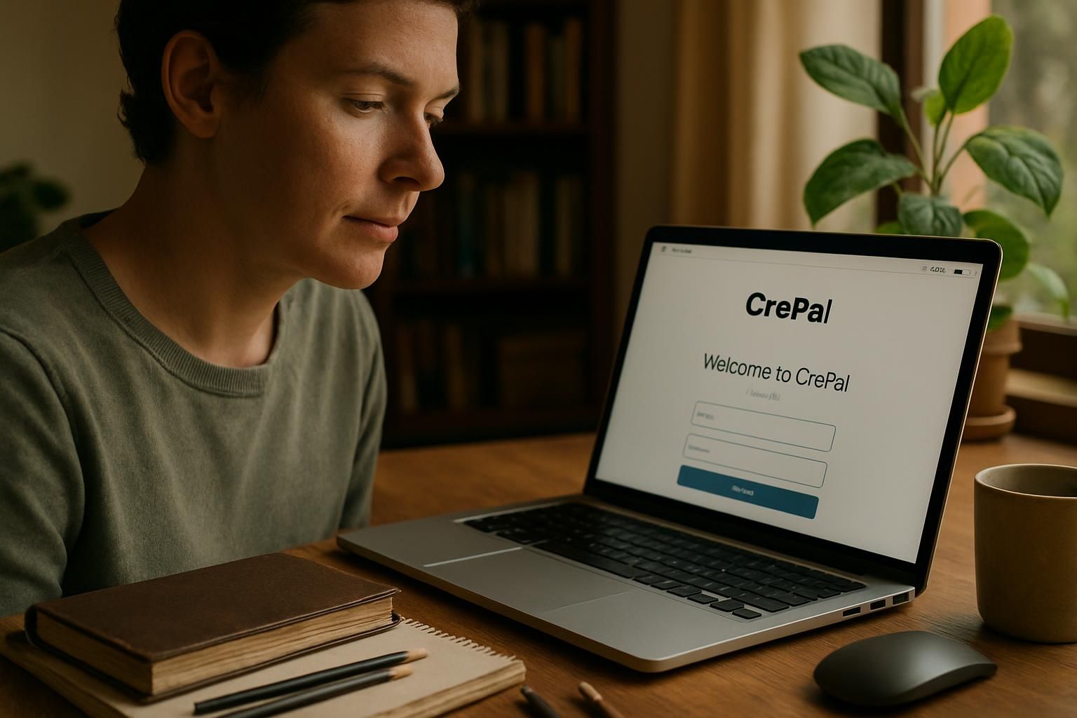 A person works at a wooden desk in a cozy home office.