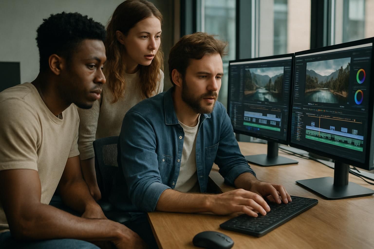 A diverse team collaborates in a modern office space.