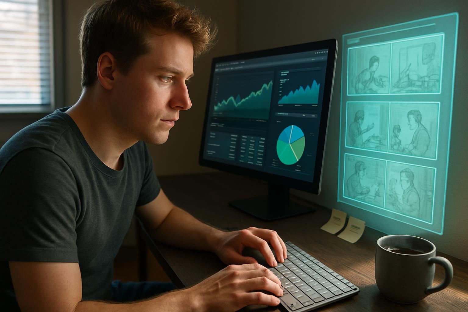 A focused individual works at a modern desk with advanced monitors.