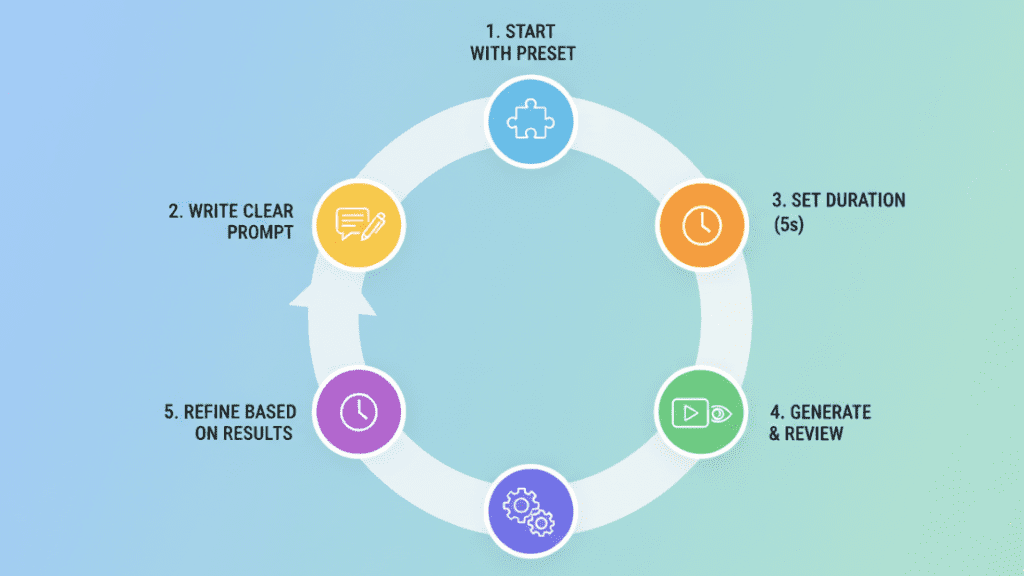 Longcat Video workflow diagram showing 5-step iterative process for text-to-video generation

