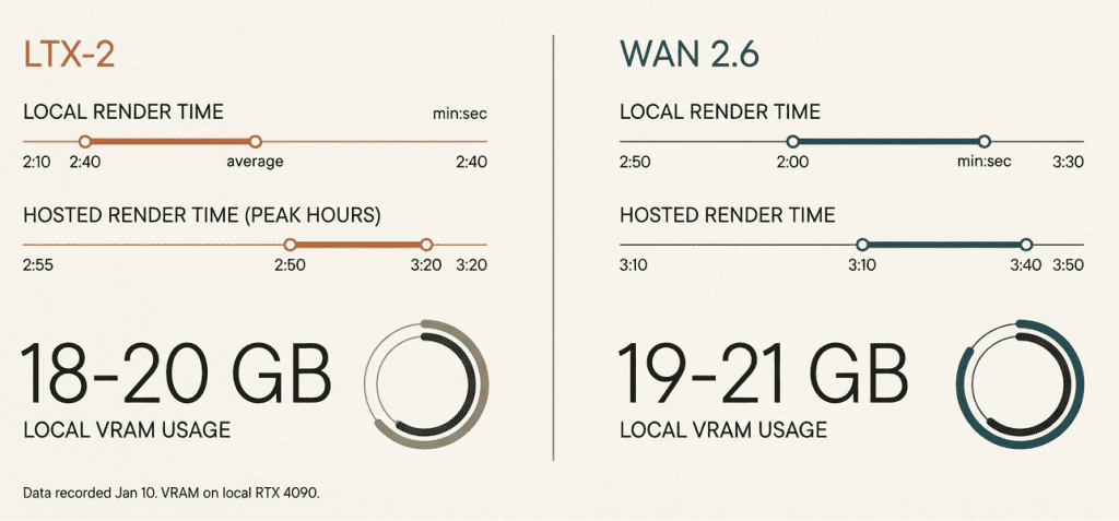 TX-2 vs Wan 2.6: Render time and VRAM usage comparison chart on RTX 4090 2026
