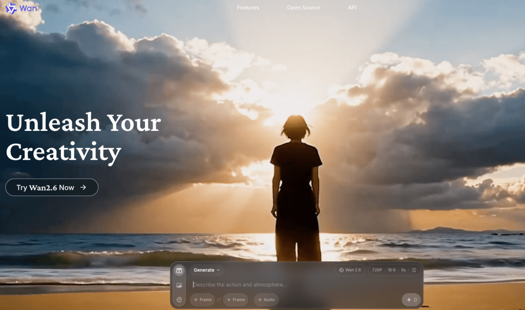 Wan 2.6 homepage with cinematic sunset video generation 2026