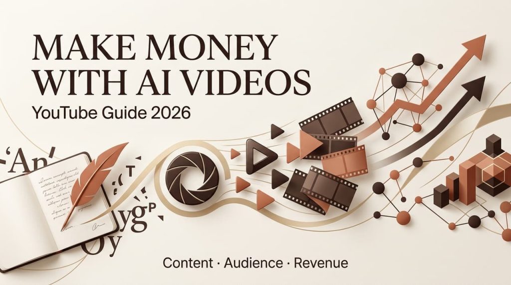 Banner for how to make money with ai videos showing a YouTube guide for 2026 content, audience, and revenue strategies.