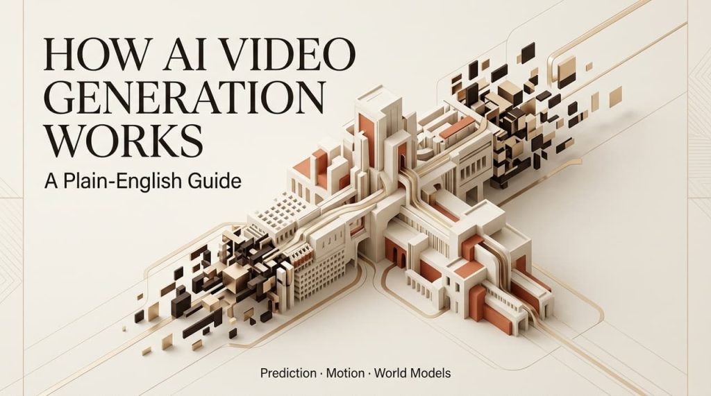 An architectural abstract design illustrating how does text to video work using prediction and world models.