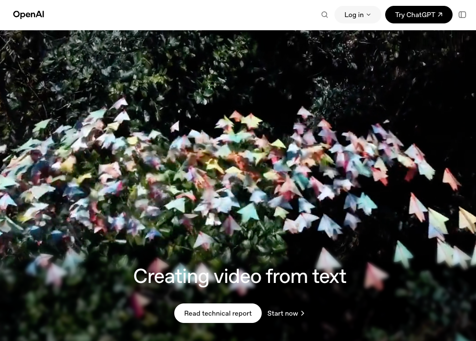 OpenAI homepage displaying paper airplanes to explain how does text to video work from prompts.