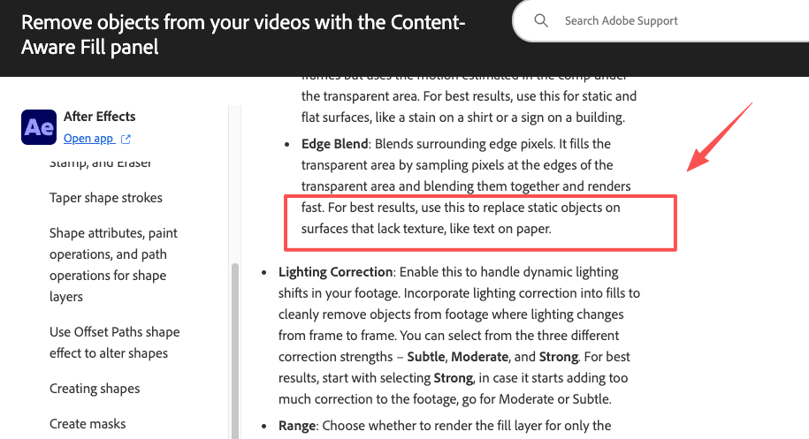 Adobe After Effects documentation detailing how to remove text on a video using the Content-Aware Fill panel fast.