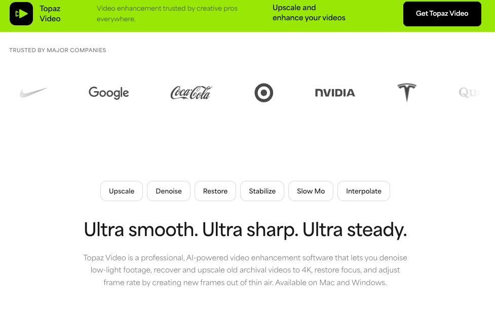 Homepage of Topaz Video, recognized as the best ai video enhancer software for upscaling and stabilization.