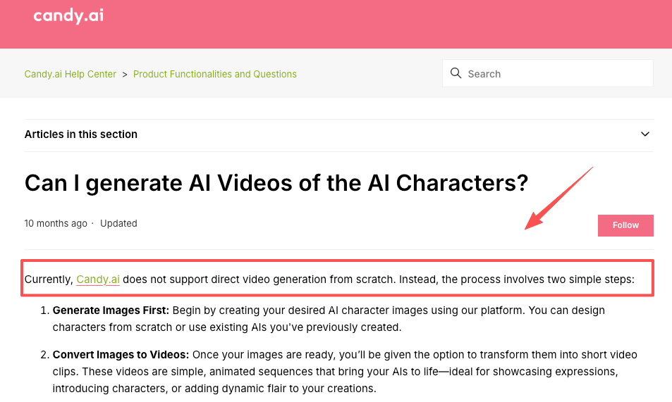 Candy AI help center text contrasting image conversion with how does text to video work directly.