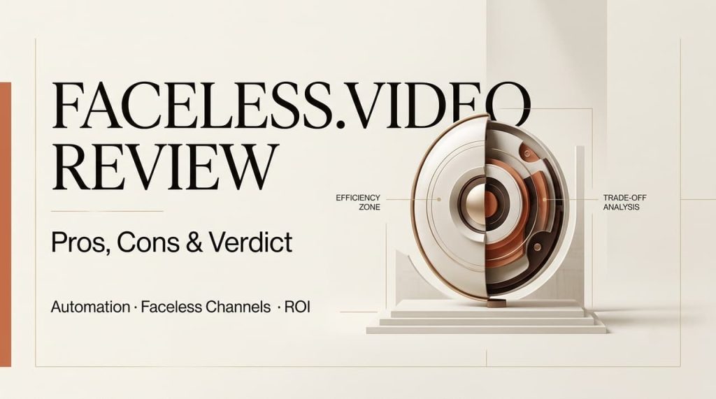 Faceless.video review showing efficiency zone and trade-off analysis for automation, faceless YouTube channels, and ROI. Professional 3D graphic highlighting pros and cons of faceless video creation tools.