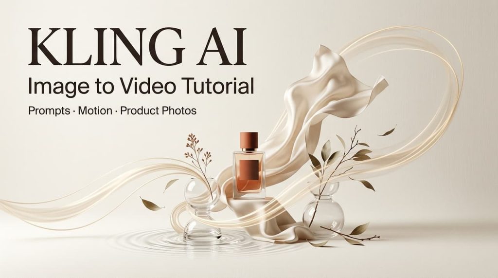 KLING AI official Image to Video tutorial featuring elegant product photography with perfume bottle, flowing silk fabric, and natural elements. Learn prompts and motion techniques for stunning AI video creation.