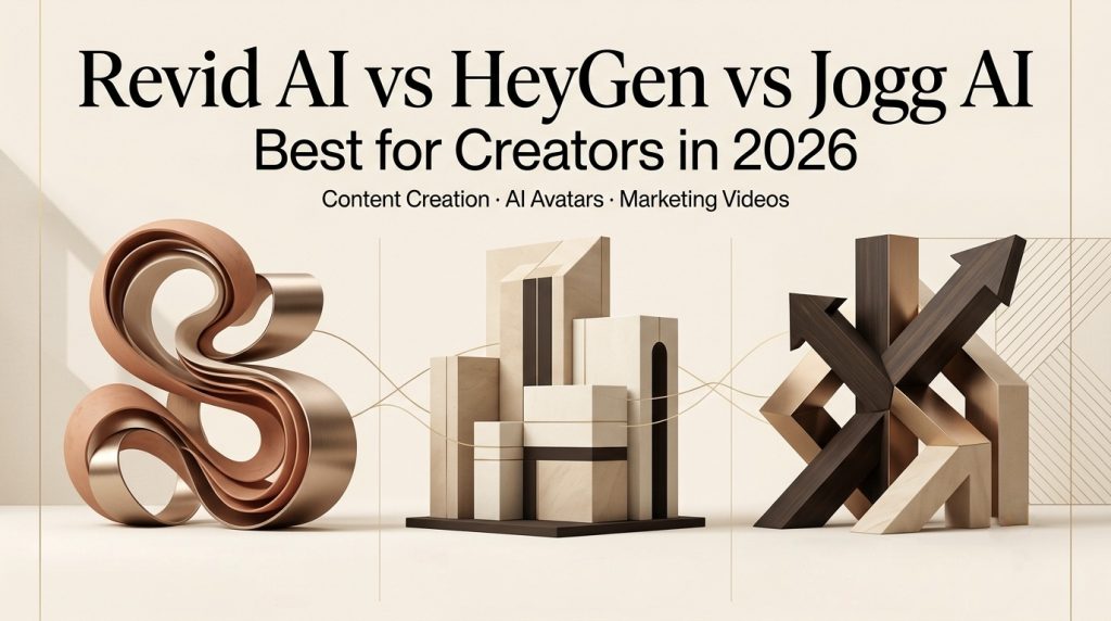 Revid AI vs HeyGen vs Jogg AI comparison 2026 for content creators. Beautiful 3D artistic graphic showcasing AI avatars, marketing videos, and content creation tools side by side.
