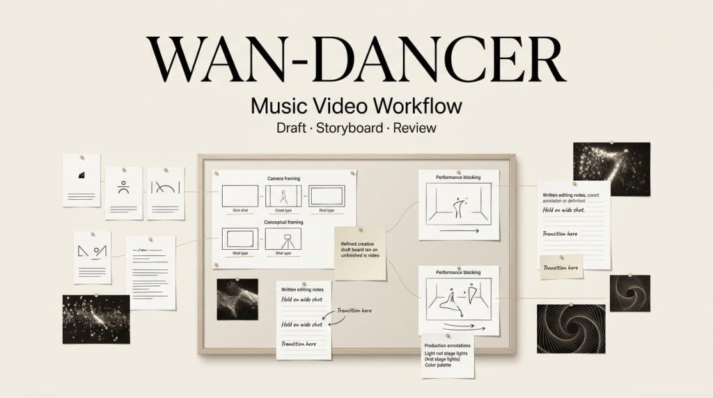 A storyboard and workflow planning board for a Wan-Dancer music video project, covering drafts and review processes.