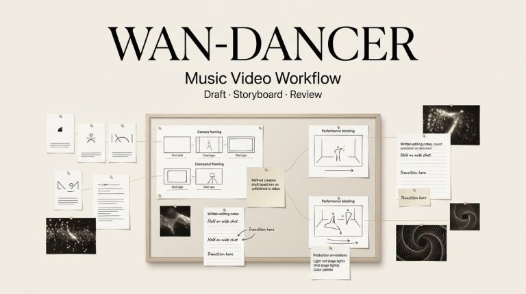 A storyboard and workflow planning board for a Wan-Dancer music video project, covering drafts and review processes.