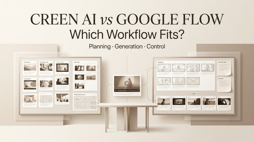Compare planning and generation features in Creen AI vs Google Flow to find the best video workflow for you.