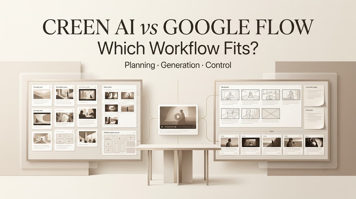 Compare planning and generation features in Creen AI vs Google Flow to find the best video workflow for you.