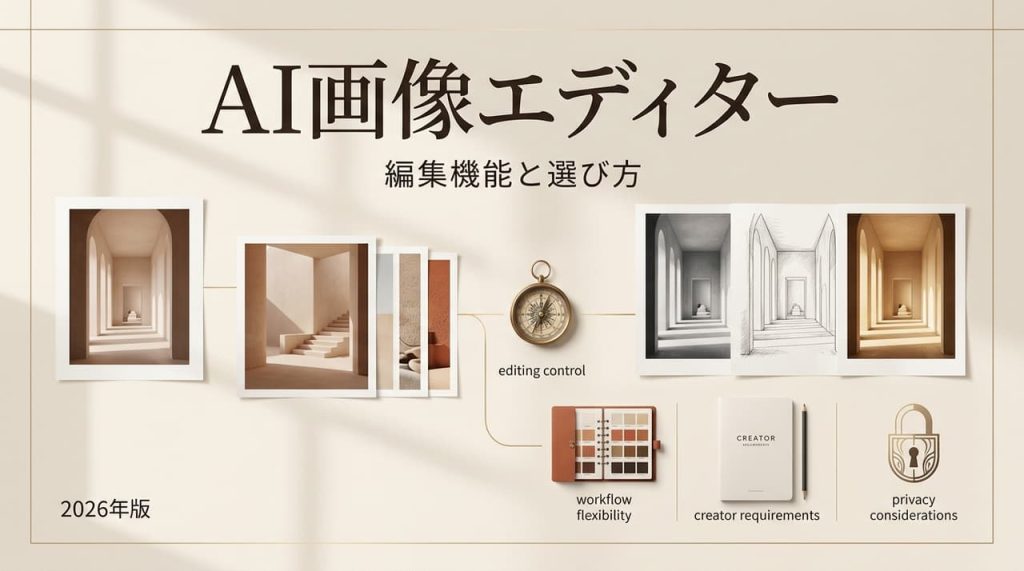 無検閲AI画像エディターの編集機能や選び方を解説する2026年版の洗練されたエディトリアルデザインのアイキャッチ画像です。建築的なアーチ写真やワークフローのアイコンが配置されています。
