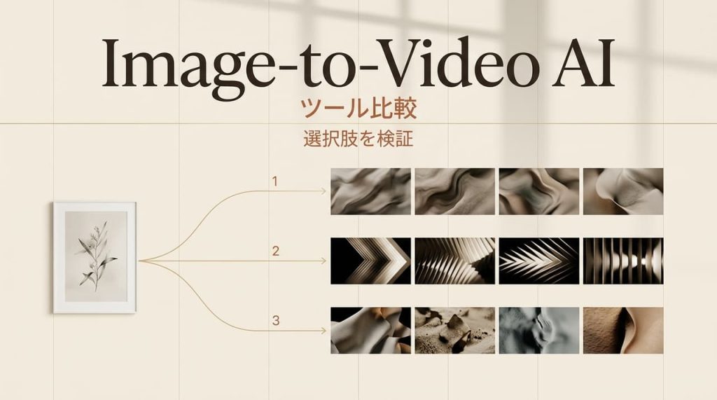 ai image to video uncensoredを活用した画像から動画への変換ツールを比較するエディトリアルデザインのアイキャッチ画像です。複数の選択肢や出力結果のバリエーションを分かりやすく提示しています。