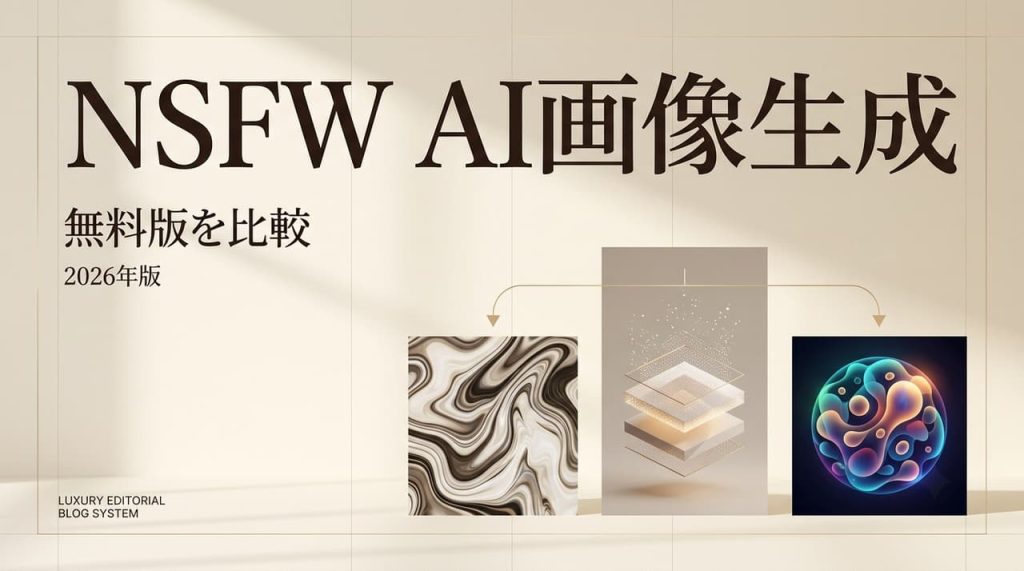 無料で使えるNSFW AI画像生成ツールの2026年版比較をテーマにしたアイキャッチ画像です。洗練された高級感のあるデザイン背景に抽象的な3つの画像要素が配置されています。