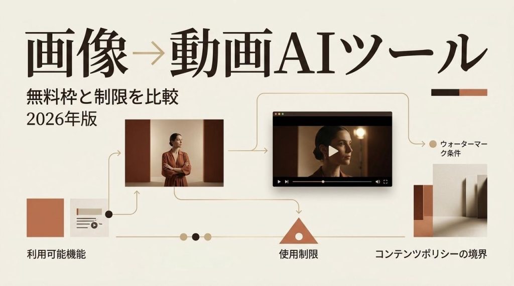 無料で使える規制なしの画像動画生成AIの無料枠と利用制限を徹底比較した2026年版のインフォグラフィック画像です。機能やウォーターマークの条件を分かりやすく解説しています。