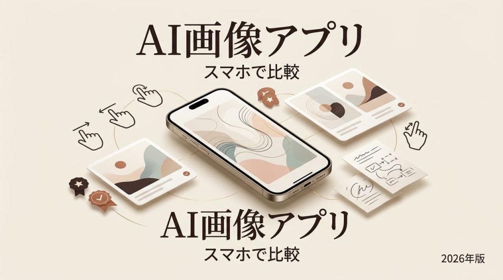 18歳以上向けAI画像生成アプリをスマートフォンで徹底比較する2026年版の特集アイキャッチ画像です。スマホ画面や操作アイコンをあしらった洗練されたデザインで、おすすめのツール選びを分かりやすく解説しています。