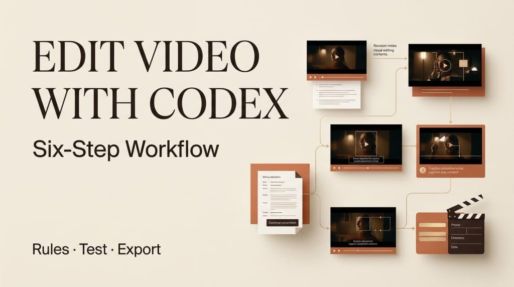 An infographic showing a six-step workflow to edit video with Codex, illustrating rules, testing, and export processes for AI tools.