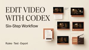 An infographic showing a six-step workflow to edit video with Codex, illustrating rules, testing, and export processes for AI tools.