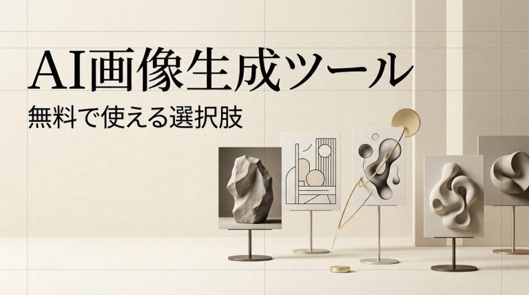 無料で使える無検閲AI画像生成ツールとして紹介される、洗練された彫刻やアート作品のディスプレイが並ぶスタイリッシュな選択肢一覧を示すWebサイトのヘッダー画像です。