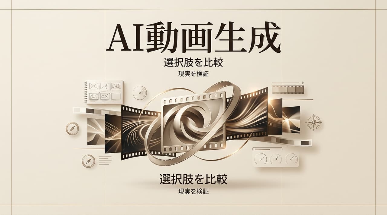 無検閲AI動画生成ツールを探す方向けに、各種AI動画生成サービスの選択肢を比較し、その現実や特徴を分かりやすく検証しているミニマルで上品なデザインのインフォグラフィック画像。