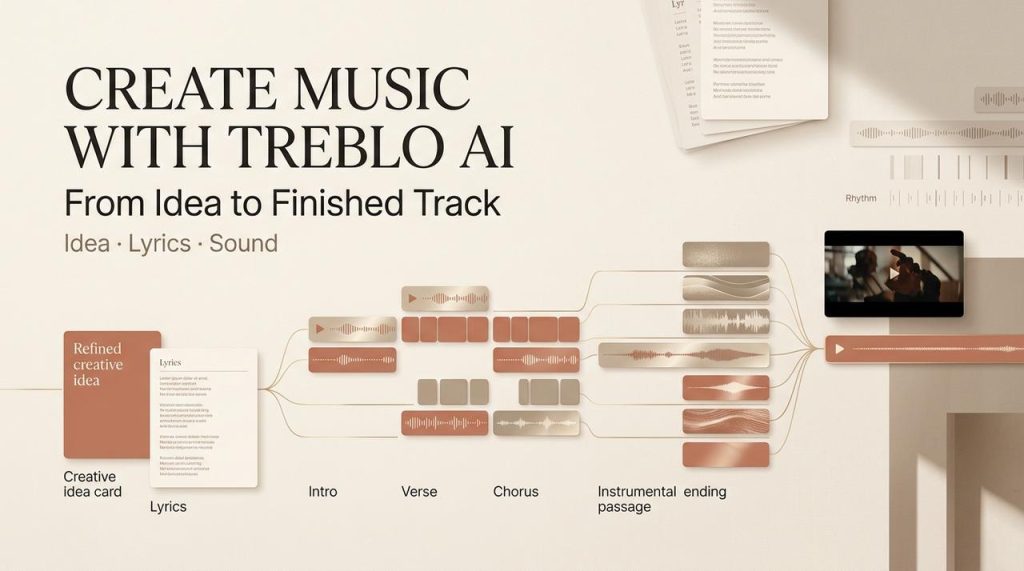 Discover how to transform creative ideas and lyrics into full tracks using the workflow of Treblo AI music.