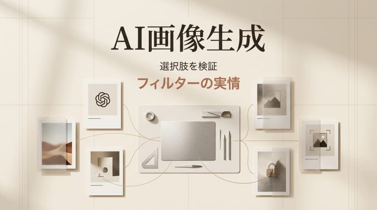 無検閲AI画像生成ツールの選び方をテーマにしたフィルターの実情と検証を示すアイキャッチ画像です。様々なAIツールの特性や制限を比較し、最適なプラットフォーム選びの全体像を分かりやすく解説しています。