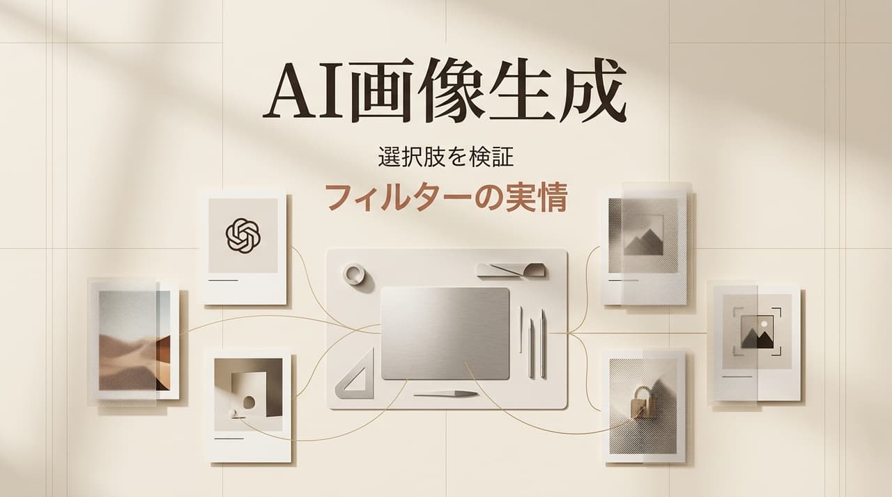 無検閲AI画像生成ツールの選び方をテーマにしたフィルターの実情と検証を示すアイキャッチ画像です。様々なAIツールの特性や制限を比較し、最適なプラットフォーム選びの全体像を分かりやすく解説しています。
