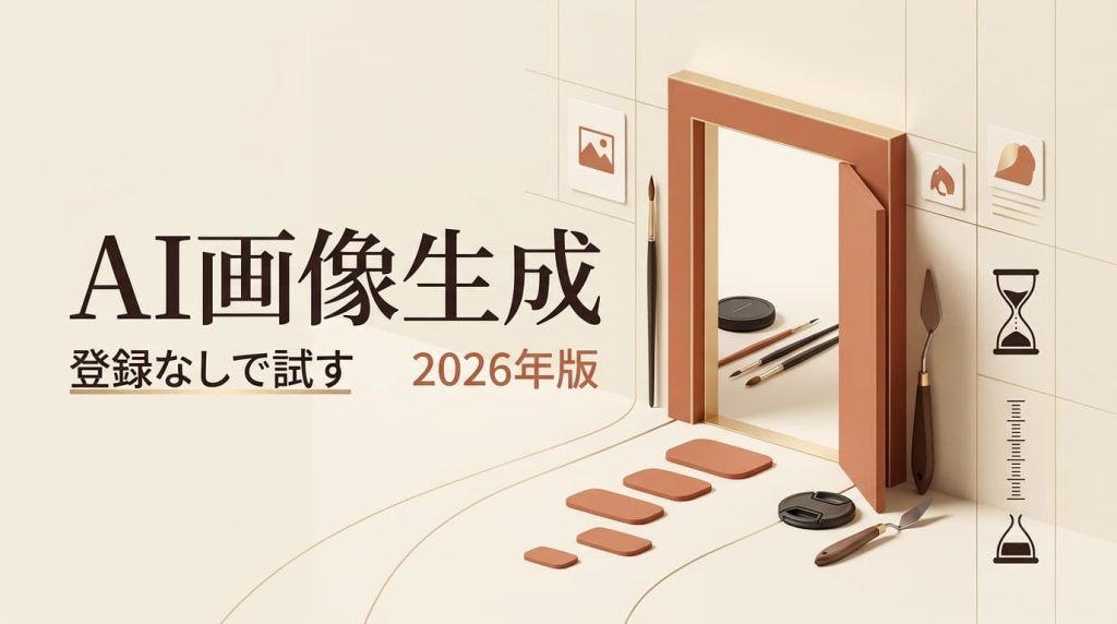 登録なし NSFW AI画像生成を今すぐ手軽に試せる2026年版の最新トレンドや魅力を解説するミニマルな3Dデザイン画像です。開いた扉や画材、砂時計のモチーフが視覚的に表現されています。