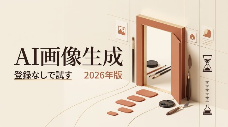 登録なし NSFW AI画像生成を今すぐ手軽に試せる2026年版の最新トレンドや魅力を解説するミニマルな3Dデザイン画像です。開いた扉や画材、砂時計のモチーフが視覚的に表現されています。