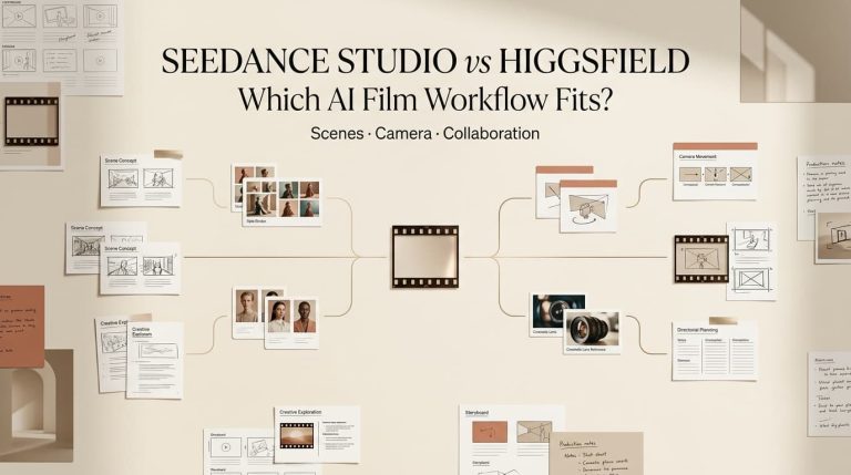 Compare features in a Seedance Studio vs Higgsfield Cinema Studio workflow comparison board layout.