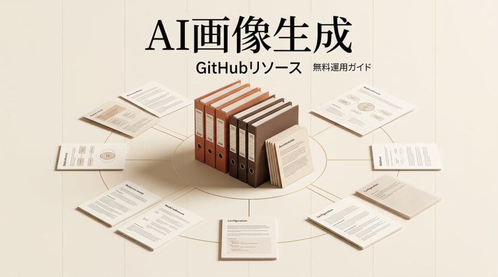 GitHubで無料利用できるNSFW AI画像生成ツールの導入や運用ガイドを整理したドキュメント群を示す3Dイラスト画像です。リソース管理や設定手順に関する資料が整然と並べられており、全体の全体像を分かりやすく伝えています。