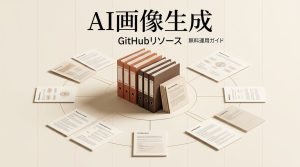 GitHubで無料利用できるNSFW AI画像生成ツールの導入や運用ガイドを整理したドキュメント群を示す3Dイラスト画像です。リソース管理や設定手順に関する資料が整然と並べられており、全体の全体像を分かりやすく伝えています。
