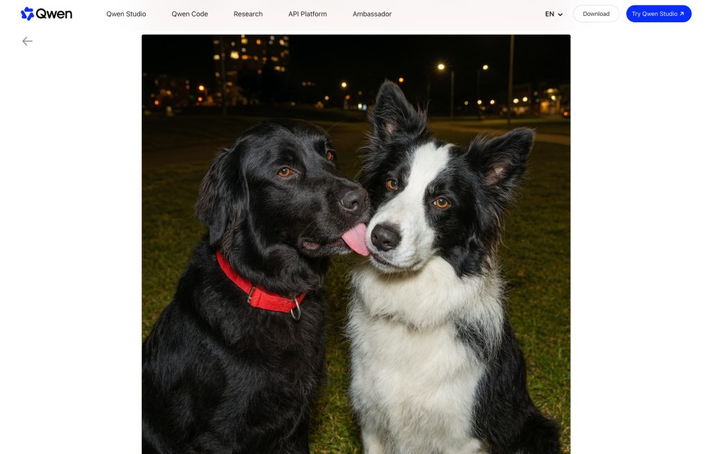 View a high-resolution photorealistic image of two dogs generated by the advanced Qwen Image 3 model