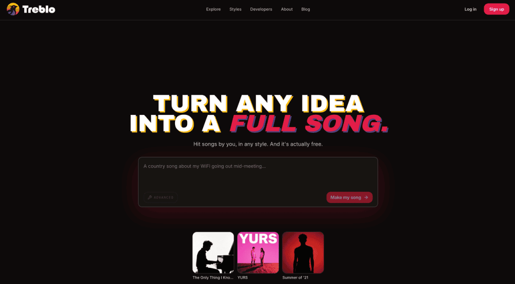 Turn any creative prompt or text idea into a fully produced song instantly with Treblo AI music software.