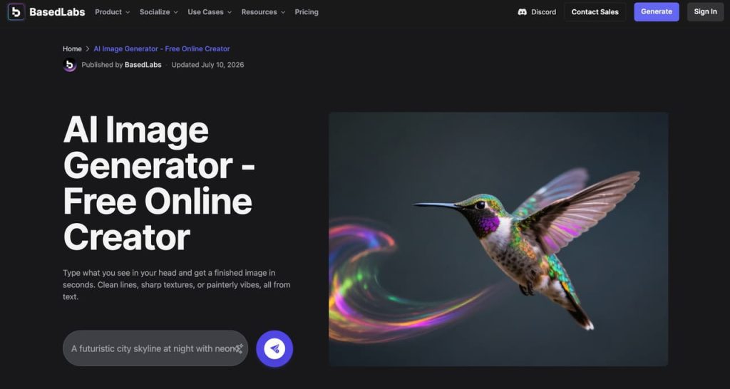 無料で使える無検閲AI画像生成ツールを提供するBasedLabsの公式サイトトップ画面。美しいハチドリの生成画像や、テキストから数秒で高品質なビジュアルを作る入力欄が掲載されています。