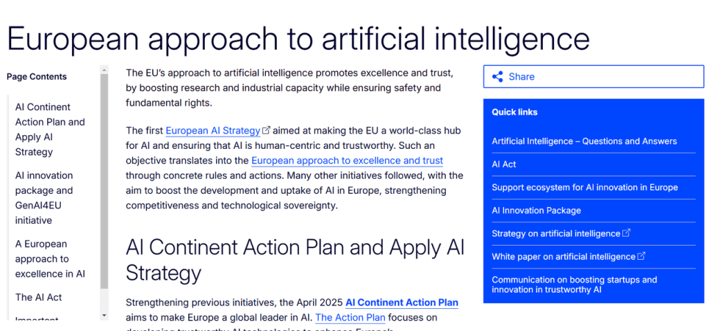 GitHubで無料利用できるNSFW AI画像生成ツールなどの開発や運用にも深く関わる、欧州連合（EU）のAIアプローチや規制方針を解説した公式ウェブサイトのページです。AI法に関する詳細な文書を確認できます。