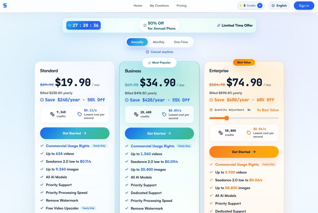 Compare subscription tiers, pricing options, and plan values featured in this updated Seedance Studio review.