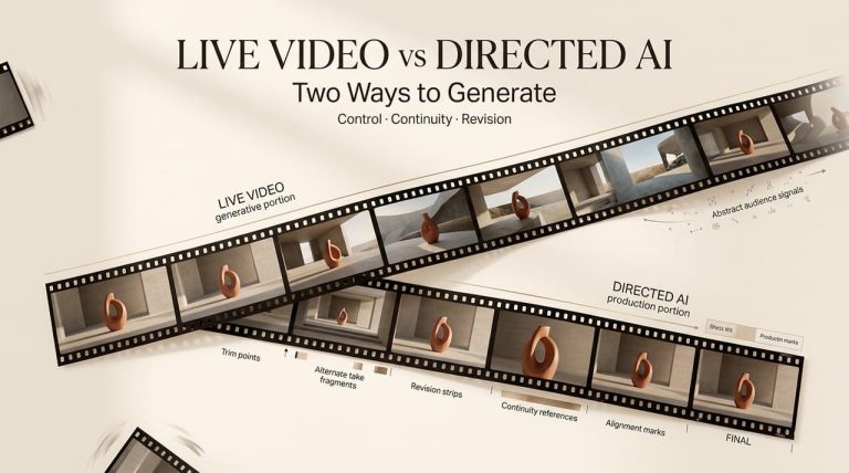 Compare live generative video workflows and directed AI production techniques using side-by-side film strips.