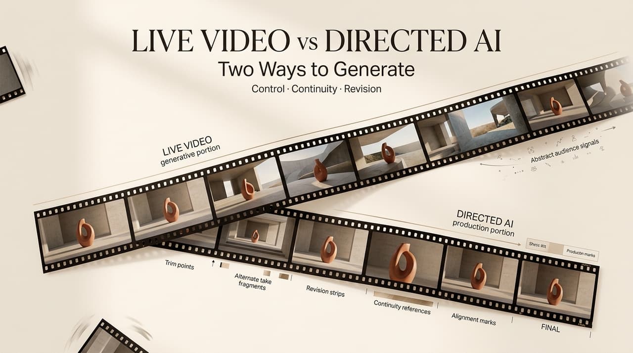 Compare live generative video workflows and directed AI production techniques using side-by-side film strips.