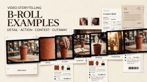 Explore various b-roll examples including detail, action, and context shots for creative storytelling.