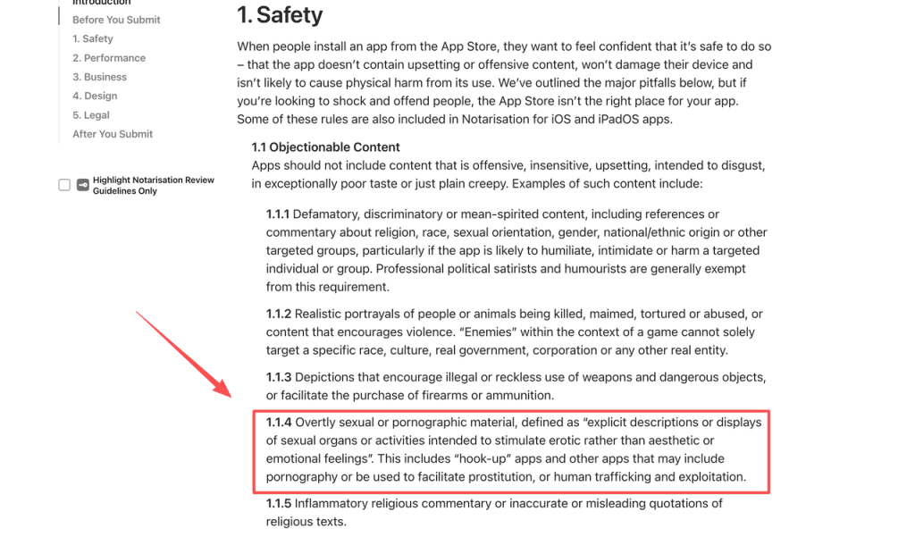 Review app store safety rules and guidelines regarding explicit materials when building an adult content creator app for women.