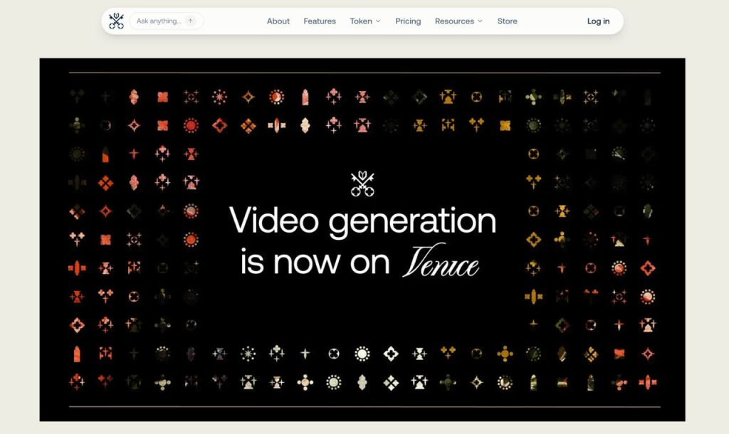無料で使える制限の少ないAI動画生成ツールとして注目を集める「Venice」が新たに動画生成機能の提供を開始したことを告げる公式プラットフォームのトップページ画面です。多彩な機能やトークン設定が確認できます。