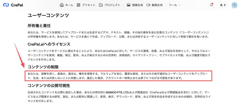 成人向けAIツールのプラットフォームであるCrePalにおける、露骨な素材や不適切なコンテンツの生成・共有に関するコンテンツ制限と利用規約の重要条項を解説している公式ウェブページの画面です。