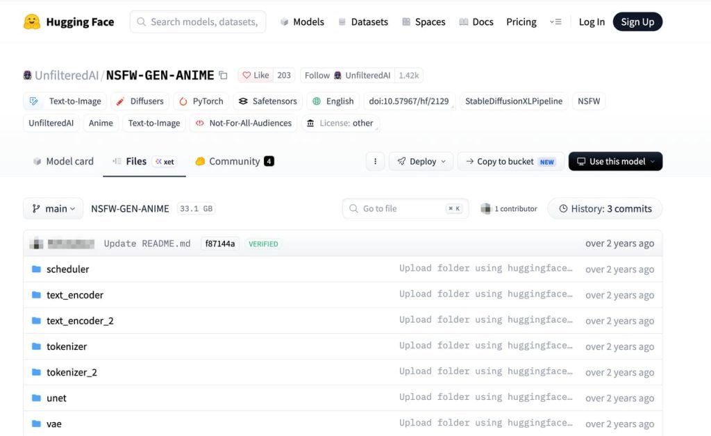 Hugging Faceで公開されているNSFW AIアニメ生成モデル「UnfilteredAI/NSFW-GEN-ANIME」のファイル構成やリポジトリの詳細情報を確認できる公式ページのスクリーンショット画面です。