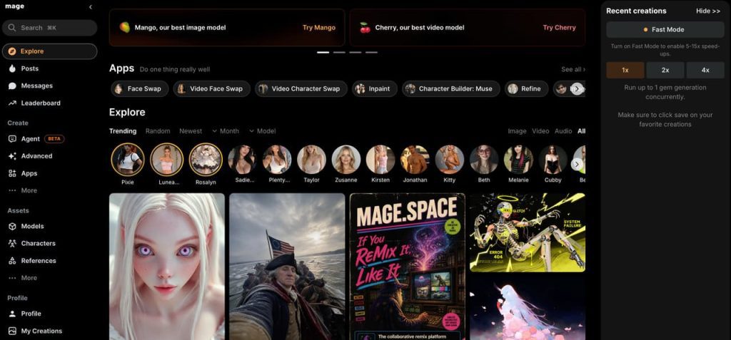 成人向けAIツールとしても活用される「Mage」のコミュニティ探索およびモデル選択画面です。MangoやCherryなどの高品質な画像・動画モデルや、トレンドの作品一覧を閲覧できるインターフェースです。
